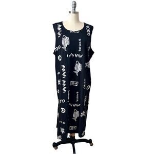Vintage EXIST Sports Fish Print Dress 2X Black White Cotton Sleeveless Midi